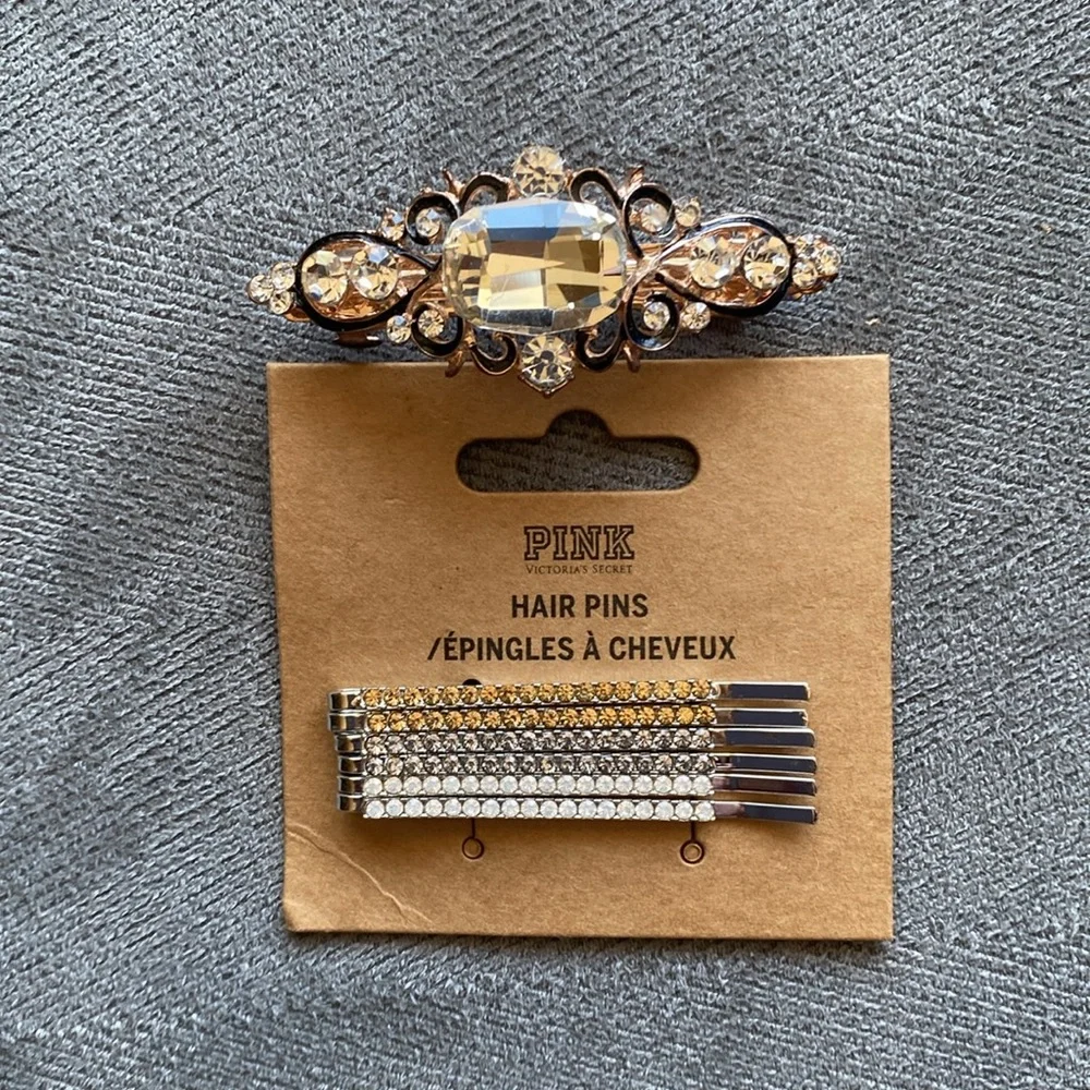 Pink Victoria's Secret rhinestone bobby pins and rhinestone barrette
